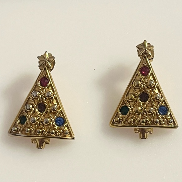 Vtg Avon Christmas Tree and Wreath Gold Toned Gemstone Ornament Earrings - Picture 15 of 16